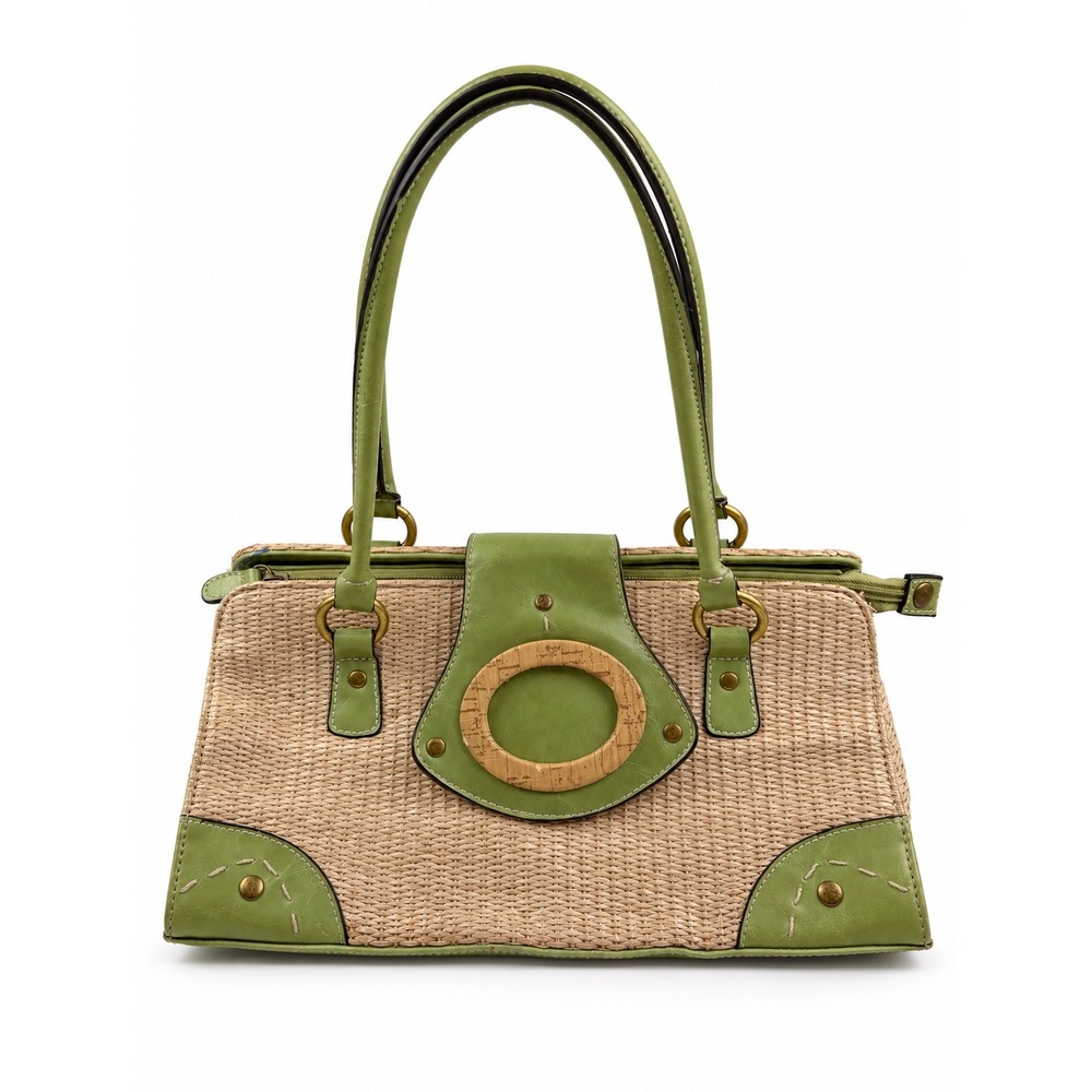 Vintage Y2K Woven Straw Raffia Vacation Beach Olive Green Boho Shoulder Bag